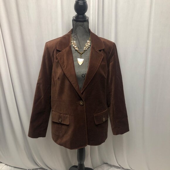 D and Co Brown Velvet Blazer Womens Size Large Jacket Office Academia Preppy - Picture 1 of 6